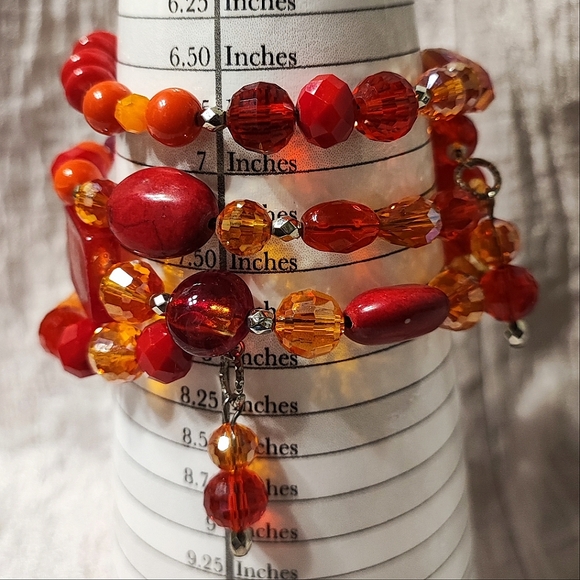 Faceted Glass Beaded Stone Memory Wire Bracelet Fiery Blazing Orange & Red EUC - Picture 2 of 14